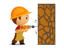 Os trabalhadores dos desenhos animados com broca fazem furos na parede ilustração royalty free Os trabalhadores dos desenhos animados com broca fazem furos na parede ilustração royalty free