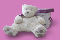 Oso de peluche y una caja de regalo en un fondo rosado fotografía de archivo libre de regalías Oso de peluche y una caja de regalo en un fondo rosado fotografía de archivo libre de regalías