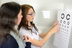 Ottico grazioso dell'optometrista dell'oftalmologo della giovane donna che mostra i grafici di prova di acuità visiva e che spieg fotografia stock Ottico grazioso dell'optometrista dell'oftalmologo della giovane donna che mostra i grafici di prova di acuità visiva e che spieg fotografia stock