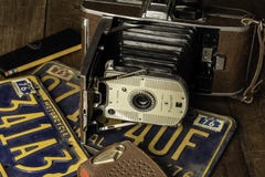 Oude Polaroid- Camera en Transistorradio stock fotografie Oude Polaroid- Camera en Transistorradio stock fotografie