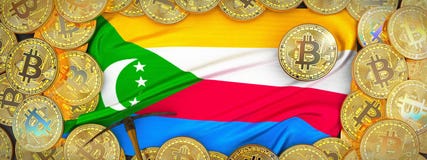 Ouro de Bitcoins em torno da bandeira de Comores e picareta à esquerda 3d IL ilustração royalty free Ouro de Bitcoins em torno da bandeira de Comores e picareta à esquerda 3d IL ilustração royalty free