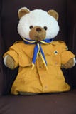 Ours de nounours habill? dans la chemise et l'?charpe de scout sur la chaise photos libres de droits Ours de nounours habill? dans la chemise et l'?charpe de scout sur la chaise photos libres de droits