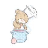 Ours de nounours mignon avec une casserole L'ours prépare le dîner cuisinier Illustration de vecteur Photos libres de droits Ours de nounours mignon avec une casserole L'ours prépare le dîner cuisinier Illustration de vecteur Photos libres de droits