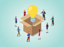 Out of the box thinking concept for problem solving with light bulb with team people and isometric style - vector stock illustration Out of the box thinking concept for problem solving with light bulb with team people and isometric style - vector stock illustration