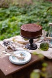 Outdoor Still Life In Autumn Garden With Whole Cake On Wooden Cake Stand With Chocolate Cream Royalty Free Stock Photos