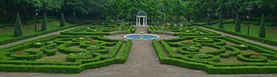 The outdoor Versailles styled geometrically symmetrical European garden at Yeomiji Botanical Garden, Jeju Island, South Korea