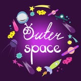 Outer space lettering. Round frame composition of space objects. Cute space cartoon doodle objects, symbols and items royalty free illustration Outer space lettering. Round frame composition of space objects. Cute space cartoon doodle objects, symbols and items royalty free illustration