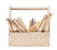 Outils de travail du bois dans la boîte à outils en bois d'isolement sur le blanc photographie stock libre de droits Outils de travail du bois dans la boîte à outils en bois d'isolement sur le blanc photographie stock libre de droits