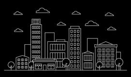 Outline city landscape skyline design concept with buildings, scyscrapers, trees, clouds and cafe. White contour vector illustration Outline city landscape skyline design concept with buildings, scyscrapers, trees, clouds and cafe. White contour vector illustration