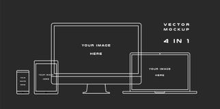 Outline computer monitor, laptop, tablet, smartphone isolated on black background. Can use for template presentation royalty free illustration Outline computer monitor, laptop, tablet, smartphone isolated on black background. Can use for template presentation royalty free illustration