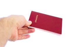 Outstretched hand with a passport. Concept - traveling, obtaining documents. Isolated on white background. stock photography Outstretched hand with a passport. Concept - traveling, obtaining documents. Isolated on white background. stock photography
