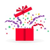 Ouvrez le cadeau avec la serpentine et les confettis illustration libre de droits Ouvrez le cadeau avec la serpentine et les confettis illustration libre de droits