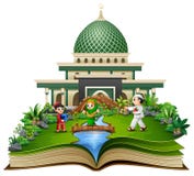 Ouvrez le livre avec la bande dessinée heureuse d'enfants de musulmans jouant devant une mosquée illustration stock Ouvrez le livre avec la bande dessinée heureuse d'enfants de musulmans jouant devant une mosquée illustration stock