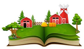 Ouvrez le livre avec la scène, la grange et les arbres de ferme sur un fond blanc illustration libre de droits Ouvrez le livre avec la scène, la grange et les arbres de ferme sur un fond blanc illustration libre de droits