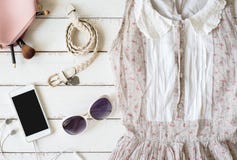 Overhead view of womens cloths shirt and accessories royalty free stock image Overhead view of womens cloths shirt and accessories royalty free stock image
