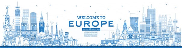Overzichtsonthaal aan de Horizon van Europa met Blauwe Gebouwen stock illustratie Overzichtsonthaal aan de Horizon van Europa met Blauwe Gebouwen stock illustratie