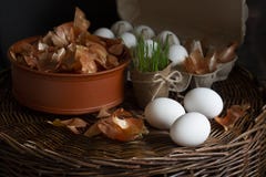 Ovos brancos em uma caixa com uma casca amarela da cebola em um prato em uma bandeja de vime preparada colorindo imagem de stock royalty free Ovos brancos em uma caixa com uma casca amarela da cebola em um prato em uma bandeja de vime preparada colorindo imagem de stock royalty free