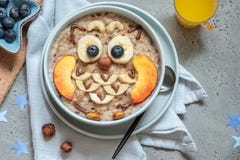 Owl Shaped Breakfast Oatmeal Porridge For Kids. Royalty Free Stock Photo