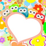 Owls, Flowers And Valentines Heart In Frame Royalty Free Stock Photography