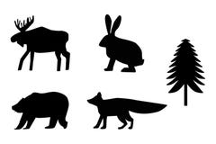 Bear, moose, rabbit, fox, fir silhouettes vector illustration Bear, moose, rabbit, fox, fir silhouettes vector illustration