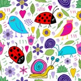 Hand drawn snail, bird, bug, ladybug, flowers, leaves doodle. Seamless pattern. Print for kids design vector illustration Hand drawn snail, bird, bug, ladybug, flowers, leaves doodle. Seamless pattern. Print for kids design vector illustration