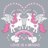 Love is magic. A handsome, cute, cartoon white unicorn on a gray background. Vector vector illustration Love is magic. A handsome, cute, cartoon white unicorn on a gray background. Vector vector illustration