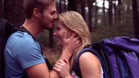 Paare, die durch einen Wald wandern Paare, die durch einen Wald wandern