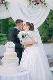 Paare mit Hochzeitstorte lizenzfreie stockfotografie Paare mit Hochzeitstorte lizenzfreie stockfotografie