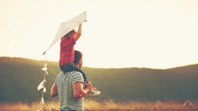 Padre y niño felices de la familia en prado con una cometa en verano Padre y niño felices de la familia en prado con una cometa en verano