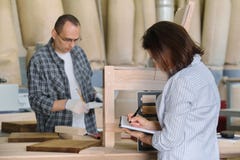 Padrone di produzione della mobilia che fa sedia di legno, progettista femminile con i campioni di legno che scelgono rifinitura fotografia stock Padrone di produzione della mobilia che fa sedia di legno, progettista femminile con i campioni di legno che scelgono rifinitura fotografia stock