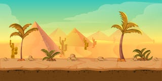 Paesaggio del deserto della sabbia della natura del fumetto con le palme, le erbe e le montagne Illustrazione di stile del gioco Fotografia Stock Paesaggio del deserto della sabbia della natura del fumetto con le palme, le erbe e le montagne Illustrazione di stile del gioco Fotografia Stock