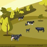 Paesaggio piano dell'azienda agricola con le mucche illustrazione vettoriale Paesaggio piano dell'azienda agricola con le mucche illustrazione vettoriale