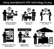 Pagando con le icone di clipart di tecnologia di NFC del telefono royalty illustrazione gratis Pagando con le icone di clipart di tecnologia di NFC del telefono royalty illustrazione gratis