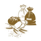 Pain d'illustration, oreilles de blé et sacs de farine illustration stock Pain d'illustration, oreilles de blé et sacs de farine illustration stock