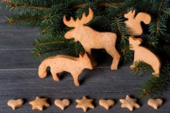 Pain d'épice sous forme d'animaux, étoiles et coeurs À l'arrière-plan des arbres de Noël de brindilles Photos libres de droits Pain d'épice sous forme d'animaux, étoiles et coeurs À l'arrière-plan des arbres de Noël de brindilles Photos libres de droits