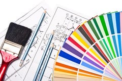 Paint Brush, Pencils, Drawings And Color Guide Stock Image
