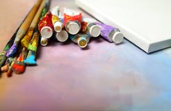 Paint brushes and tubes of oil paint Stock Photo Paint brushes and tubes of oil paint Stock Photo