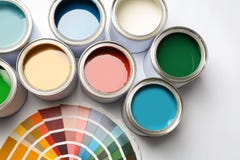 Paint cans and color palette on white background stock photos Paint cans and color palette on white background stock photos