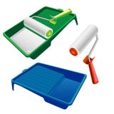 Paint roller and paint tray. Paint roller for interior painting works. vector illustration Paint roller and paint tray. Paint roller for interior painting works. vector illustration