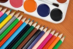 Painters Palette With Brush And Pencils Stock Image Painters Palette With Brush And Pencils Stock Image