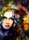 Painting mighty lion head, and mystic woman face Stock Photography Painting mighty lion head, and mystic woman face Stock Photography