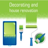 Painting tools for interior painting works - paint tray, roller, brush and tin of paint vector illustration Painting tools for interior painting works - paint tray, roller, brush and tin of paint vector illustration