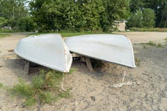 A pair of rowboats on a storage rack royalty free stock image A pair of rowboats on a storage rack royalty free stock image