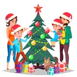 Pais com as crianças que decoram um vetor da árvore de Natal Ilustração isolada ilustração stock Pais com as crianças que decoram um vetor da árvore de Natal Ilustração isolada ilustração stock