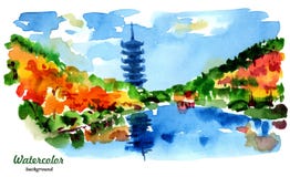 Paisagem abstrata Pagode e lago chineses ilustração do vetor Paisagem abstrata Pagode e lago chineses ilustração do vetor