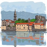 Paisagem da cidade com as casas na costa As fachadas das construções são refletidas Ilustração do vetor ilustração do vetor Paisagem da cidade com as casas na costa As fachadas das construções são refletidas Ilustração do vetor ilustração do vetor