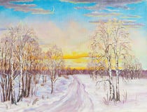 Paisagem do inverno com as árvores da estrada e de vidoeiro na neve em uma lona Pintura a óleo original ilustração stock Paisagem do inverno com as árvores da estrada e de vidoeiro na neve em uma lona Pintura a óleo original ilustração stock