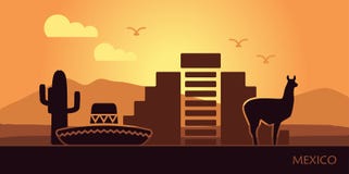 Paisagem estilizada de México com um lama, uns cactos e uma pirâmide antiga ilustração stock Paisagem estilizada de México com um lama, uns cactos e uma pirâmide antiga ilustração stock