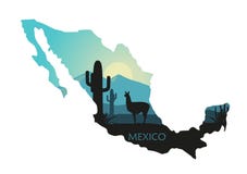 Paisagem estilizado de México com um lama e os cactos sob a forma de um mapa de México ilustração stock Paisagem estilizado de México com um lama e os cactos sob a forma de um mapa de México ilustração stock