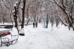 Paisagem nevando no parque com os povos que passam perto imagens de stock royalty free Paisagem nevando no parque com os povos que passam perto imagens de stock royalty free